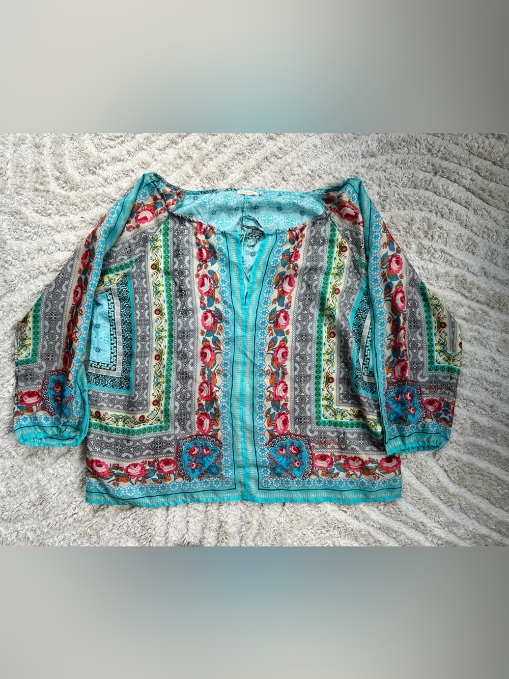 Johnny Was 100% Silk Mixed Bandana Print Peasant Top